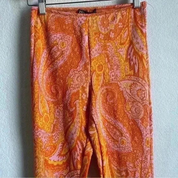 Zara Orange Pink Paisley Retro Hippie Flare Elastic Waist Pants Size S-NWT - Picture 6 of 10